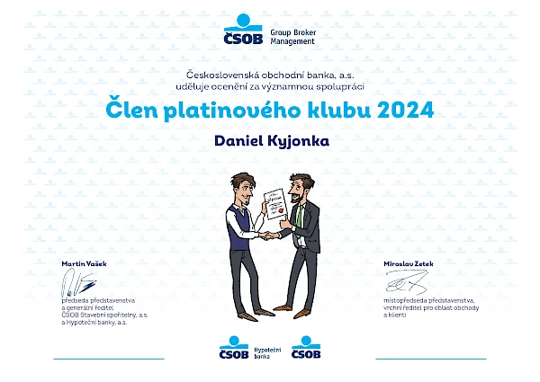 Diplom pro Daniela Kyjonku - Člen platinového klubu 2024 (ČSOB Hypoteční banka)