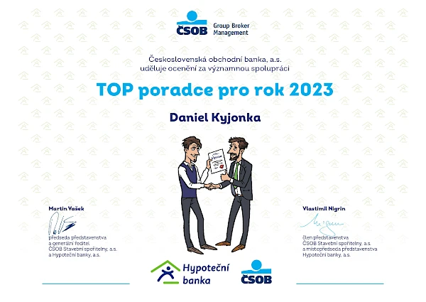 Diplom pro Daniela Kyjonku - TOP poradce pro rok 2023 (Hypoteční banka, ČSOB)