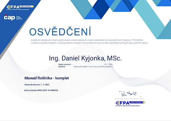 Osvědčení pro Daniela Kyjonku o absolvování e-kurzu o distribuci pojištění a zajištění (manuál flotilníka)