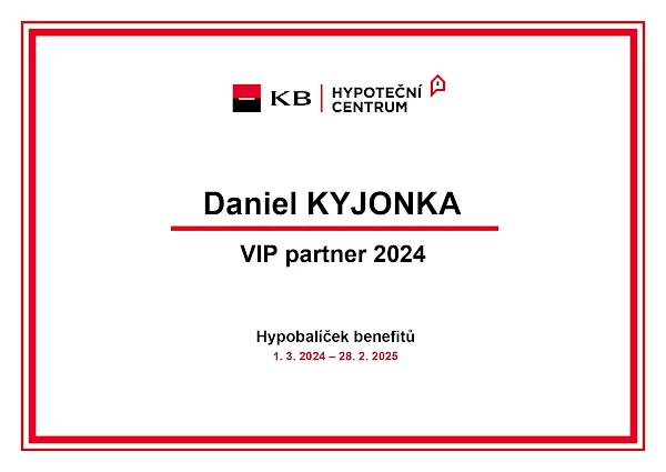 Osvědčení pro Daniela Kyjonku - VIP partner 2024 KB hypotečního centra