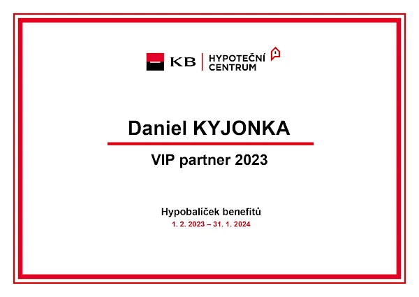 Osvědčení pro Daniela Kyjonku - VIP partner 2023 KB hypotečního centra