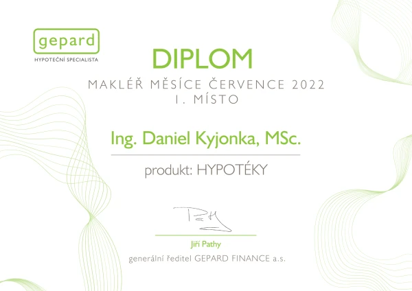 Diplom pro Daniela Kyjonku - Makléř měsíce července 2022 pro produkt Hypotéky