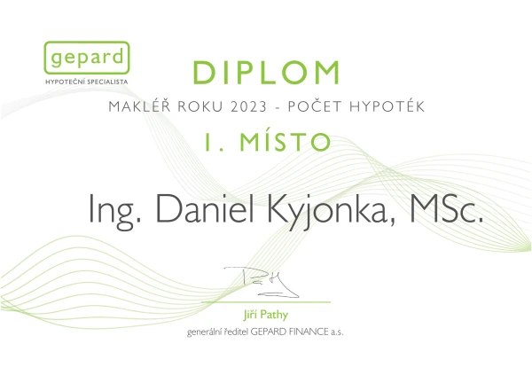 Diplom pro Daniela Kyjonku - Makléř roku 202š - 1. místo v počtu hypoték