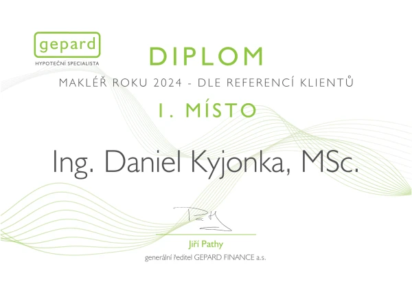 Diplom pro Daniela Kyjonku - Makléř  2024 - 1. místo dle referencí klientů