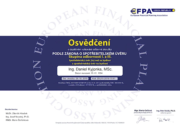Osvědčení Daniela Kyjonky o úspěšném vykonání odborné zkoušky pro Spotřebitelský úvěr jiný než na bydlení a spotřebitelský úvěr na bydlení