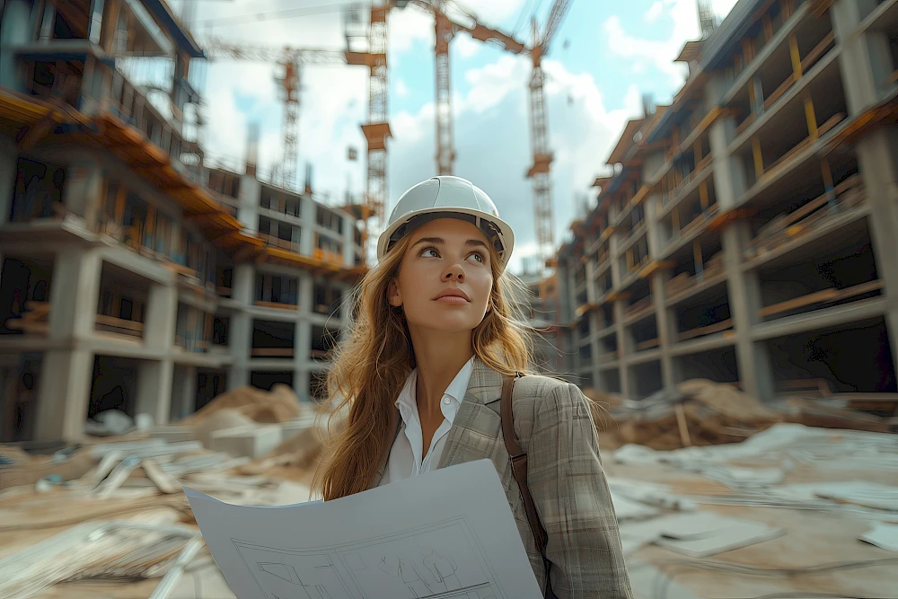 Žena se stavební helmou a papírovým plánem u rozestavěného bytového komplexu